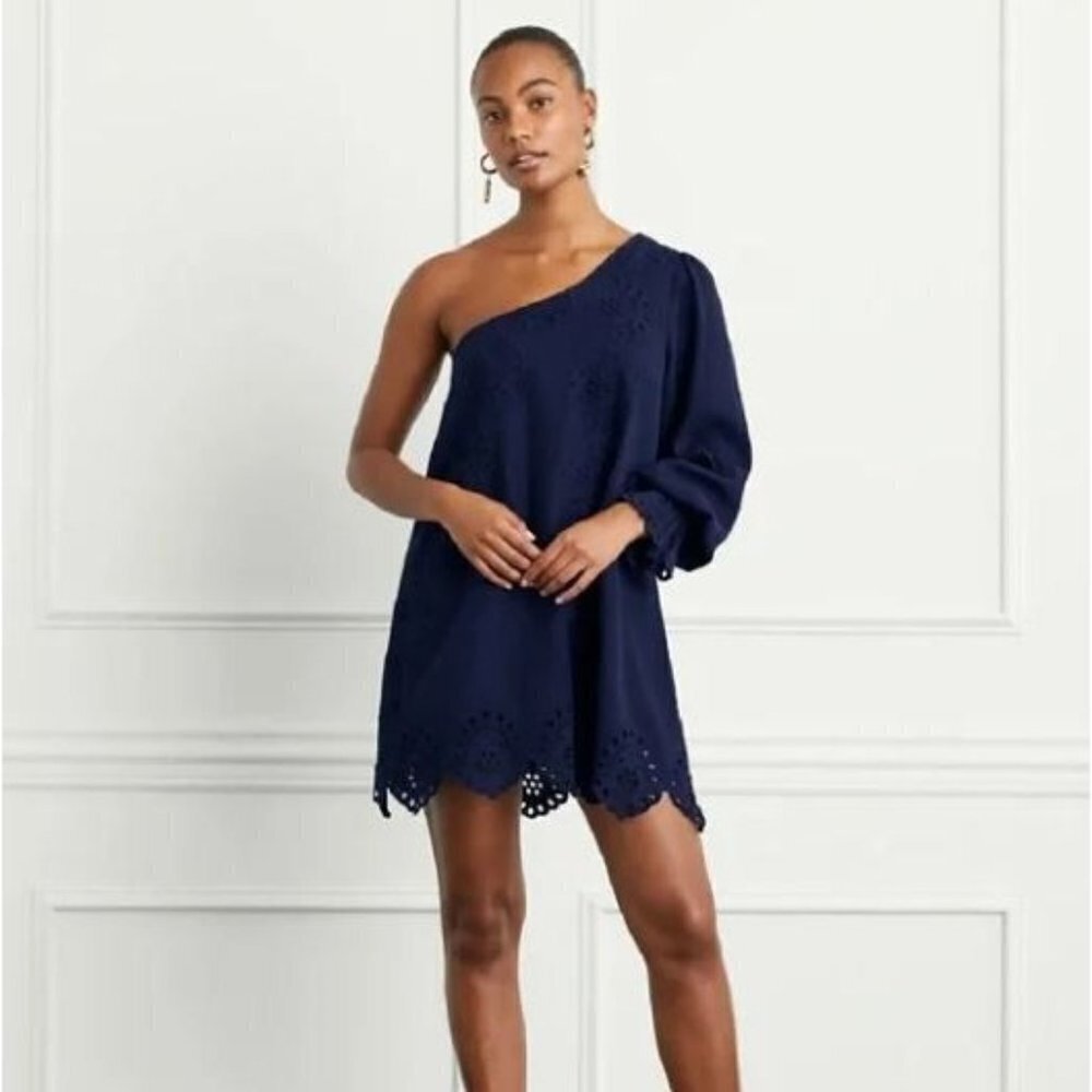 Hill House Mila Dress One Shoulder Eyelet Crochet Mini Linen Womens Small NWT